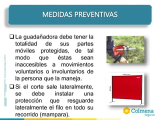 La guadañadora debe tener la
totalidad de sus partes
móviles protegidas, de tal
modo que éstas sean
inaccesibles a movimientos
voluntarios o involuntarios de
la persona que la maneja.
Si el corte sale lateralmente,
se debe instalar una
protección que resguarde
lateralmente el filo en todo su
recorrido (mampara).
MEDIDAS PREVENTIVAS
 