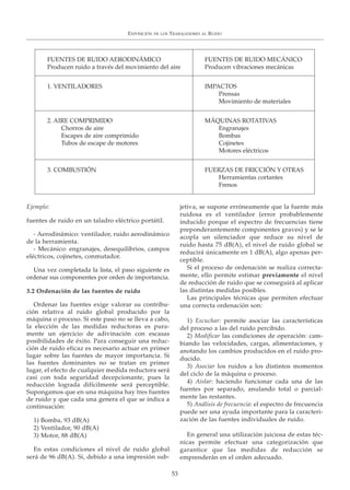 Ejemplo:
fuentes de ruido en un taladro eléctrico portátil.
- Aerodinámico: ventilador, ruido aerodinámico
de la herramienta.
- Mecánico: engranajes, desequilibrios, campos
eléctricos, cojinetes, conmutador.
Una vez completada la lista, el paso siguiente es
ordenar sus componentes por orden de importancia.
3.2 Ordenación de las fuentes de ruido
Ordenar las fuentes exige valorar su contribu-
ción relativa al ruido global producido por la
máquina o proceso. Si este paso no se lleva a cabo,
la elección de las medidas reductoras es pura-
mente un ejercicio de adivinación con escasas
posibilidades de éxito. Para conseguir una reduc-
ción de ruido eficaz es necesario actuar en primer
lugar sobre las fuentes de mayor importancia. Si
las fuentes dominantes no se tratan en primer
lugar, el efecto de cualquier medida reductora será
casi con toda seguridad decepcionante, pues la
reducción lograda difícilmente será perceptible.
Supongamos que en una máquina hay tres fuentes
de ruido y que cada una genera el que se indica a
continuación:
1) Bomba, 93 dB(A)
2) Ventilador, 90 dB(A)
3) Motor, 88 dB(A)
En estas condiciones el nivel de ruido global
será de 96 dB(A). Si, debido a una impresión sub-
jetiva, se supone erróneamente que la fuente más
ruidosa es el ventilador (error probablemente
inducido porque el espectro de frecuencias tiene
preponderantemente componentes graves) y se le
acopla un silenciador que reduce su nivel de
ruido hasta 75 dB(A), el nivel de ruido global se
reducirá únicamente en 1 dB(A), algo apenas per-
ceptible.
Si el proceso de ordenación se realiza correcta-
mente, ello permite estimar previamente el nivel
de reducción de ruido que se conseguirá al aplicar
las distintas medidas posibles.
Las principales técnicas que permiten efectuar
una correcta ordenación son:
1) Escuchar: permite asociar las características
del proceso a las del ruido percibido.
2) Modificar las condiciones de operación: cam-
biando las velocidades, cargas, alimentaciones, y
anotando los cambios producidos en el ruido pro-
ducido.
3) Asociar los ruidos a los distintos momentos
del ciclo de la máquina o proceso.
4) Aislar: haciendo funcionar cada una de las
fuentes por separado, anulando total o parcial-
mente las restantes.
5) Análisis de frecuencia: el espectro de frecuencia
puede ser una ayuda importante para la caracteri-
zación de las fuentes individuales de ruido.
En general una utilización juiciosa de estas téc-
nicas permite efectuar una categorización que
garantice que las medidas de reducción se
emprenderán en el orden adecuado.
EXPOSICIÓN DE LOS TRABAJADORES AL RUIDO
53
FUENTES DE RUIDO AERODINÁMICO FUENTES DE RUIDO MECÁNICO
Producen ruido a través del movimiento del aire Producen vibraciones mecánicas
1. VENTILADORES IMPACTOS
Prensas
Movimiento de materiales
2. AIRE COMPRIMIDO MÁQUINAS ROTATIVAS
Chorros de aire Engranajes
Escapes de aire comprimido Bombas
Tubos de escape de motores Cojinetes
Motores eléctricos
3. COMBUSTIÓN FUERZAS DE FRICCIÓN Y OTRAS
Herramientas cortantes
Frenos
 