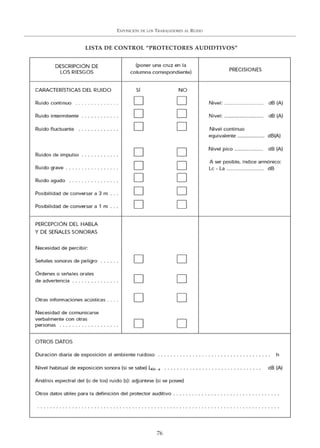 EXPOSICIÓN DE LOS TRABAJADORES AL RUIDO
76
LISTA DE CONTROL “PROTECTORES AUDIDTIVOS”
 