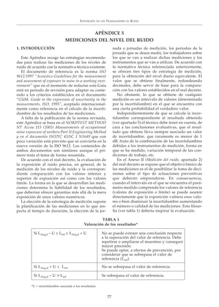 EXPOSICIÓN DE LOS TRABAJADORES AL RUIDO
77
1. INTRODUCCIÓN
Este Apéndice recoge las estrategias recomenda-
das para realizar las mediciones de los niveles de
ruido de acuerdo con la normativa técnica existente.
El documento de referencia es la norma ISO
9612:1997 “Acoustics-Guidelines for the measurement
and assessment of exposure to noise in a working envi-
ronment” que en el momento de redactar esta Guía
está en periodo de revisión para adaptar su conte-
nido a los criterios establecidos en el documento
“GUM. Guide to the expression of uncertainty in the
measurements. ISO, 1995”, aceptado internacional-
mente como referencia en el cálculo de la incerti-
dumbre de los resultados de las mediciones.
A falta de la publicación de la norma revisada,
este Apéndice se basa en el NORDTEST METHOD
NT Accou 115 (2005) Measurements of occupational
noise expsocure of workers:Part II:Engineering Method
y en el documento ISO/TC 43/SC 1 N1649 que con
poca variación está previsto que se convierta en la
nueva versión de la ISO 9612. Los contenidos de
ambos documentos son similares aunque el pri-
mero trata el tema de forma resumida.
De acuerdo con el real decreto, la evaluación de
la exposición al ruido precisa, en general, de la
medición de los niveles de ruido y la correspon-
diente comparación con los valores inferior y
superior de exposición así como con los valores
límite. La forma en la que se desarrollan las medi-
ciones determina la fiabilidad de los resultados,
que deberían ofrecer garantías más allá de la mera
exposición de unos valores numéricos.
La elección de la estrategia de medición supone
la planificación de las mediciones en lo que res-
pecta al tiempo de duración, la elección de la jor-
nada o jornadas de medición, los periodos de la
jornada que se desea medir, los trabajadores sobre
los que se van a realizar dichas mediciones y los
instrumentos que se van a utilizar. De acuerdo con
la normativa técnica referenciada anteriormente,
se ofrecen tres tipos de estrategia de medición,
para la obtención del nivel diario equivalente. El
valor que se obtiene finalmente, redondeando
decimales, debe servir de base para la compara-
ción con los valores establecidos en el real decreto.
No obstante, lo que se obtiene de cualquier
medición es un intervalo de valores (determinado
por la incertidumbre) en el que se encuentra con
una cierta probabilidad el verdadero valor.
Independientemente de que se calcule la incer-
tidumbre correspondiente al resultado obtenido
(ver apartado 5) el técnico debe tener en cuenta, de
cara a las conclusiones evaluativas, que el resul-
tado que obtiene lleva siempre asociado un valor
de incertidumbre, que raramente es menor de 1
dB, fruto de la combinación de las incertidumbres
debidas a los instrumentos de medición, forma en
que se ha medido, variación temporal de las con-
diciones de trabajo, etc.
En el Anexo II (Medición del ruido, apartado 2)
del real decreto se expone que el objetivo básico de
las mediciones es el de posibilitar la toma de deci-
siones sobre el tipo de actuaciones preventivas
que deberán emprenderse. En consecuencia,
cuando el intervalo en el que se encuentra el pará-
metro medido comprenda los valores de referencia
(valores de exposición o límite) se puede asumir
directamente que la exposición vulnera esos valo-
res o bien disminuir la incertidumbre aumentando
el número o calidad de las mediciones. Esta filoso-
fía (ver tabla 1) debería inspirar la evaluación.
APÉNDICE 5
MEDICIONES DEL NIVEL DEL RUIDO
Si LAeq,d – U ≤ Lref ≤ LAeq,d + U No se puede extraer una conclusión respecto
a la superación del valor de referencia. Debe
repetirse o ampliarse el muestreo y conseguir
mayor precisión.
Se puede optar, a efectos de prevención, por
considerar que se sobrepasa el valor de
referencia (Lref).
Si LAeq,d + U ≤ Lref No se sobrepasa el valor de referencia.
Si LAeq,d – U > Lref Se sobrepasa el valor de referencia.
*U = incertidumbre asociada a los resultados
TABLA 1
Valoración de los resultados*
 