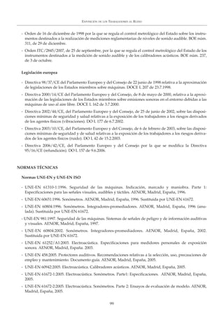 EXPOSICIÓN DE LOS TRABAJADORES AL RUIDO
99
- Orden de 16 de diciembre de 1998 por la que se regula el control metrológico del Estado sobre los instru-
mentos destinados a la realización de mediciones reglamentarias de niveles de sonido audible. BOE núm.
311, de 29 de diciembre.
- Orden ITC/2845/2007, de 25 de septiembre, por la que se regula el control metrológico del Estado de los
instrumentos destinados a la medición de sonido audible y de los calibradores acústicos. BOE núm. 237,
de 3 de octubre.
Legislación europea
- Directiva 98/37/CE del Parlamento Europeo y del Consejo de 22 junio de 1998 relativa a la aproximación
de legislaciones de los Estados miembros sobre máquinas. DOCE L 207 de 23.7.1998.
- Directiva 2000/14/CE del Parlamento Europeo y del Consejo, de 8 de mayo de 2000, relativa a la aproxi-
mación de las legislaciones de los Estados miembros sobre emisiones sonoras en el entorno debidas a las
máquinas de uso al aire libre. DOCE L 162 de 3.7.2000.
- Directiva 2002/44/CE, del Parlamento Europeo y del Consejo, de 25 de junio de 2002, sobre las disposi-
ciones mínimas de seguridad y salud relativas a la exposición de los trabajadores a los riesgos derivados
de los agentes físicos (vibraciones). DO L 177 de 6.7.2002.
- Directiva 2003/10/CE, del Parlamento Europeo y del Consejo, de 6 de febrero de 2003, sobre las disposi-
ciones mínimas de seguridad y de salud relativas a la exposición de los trabajadores a los riesgos deriva-
dos de los agentes físicos (ruido). DO L 42 de 15.2.2003.
- Directiva 2006/42/CE, del Parlamento Europeo y del Consejo por la que se modifica la Directiva
95/16/CE (refundición). DO L 157 de 9.6.2006.
NORMAS TÉCNICAS
Normas UNE-EN y UNE-EN ISO
- UNE-EN 61310-1:1996. Seguridad de las máquinas. Indicación, marcado y maniobra. Parte 1:
Especificaciones para las señales visuales, audibles y táctiles. AENOR, Madrid, España, 1996.
- UNE-EN 60651:1996. Sonómetros. AENOR, Madrid, España, 1996. Sustituida por UNE-EN 61672.
- UNE-EN 60804:1996. Sonómetros. Integradores-promediadores. AENOR, Madrid, España, 1996 (anu-
lada). Sustituida por UNE-EN 61672.
- UNE-EN 981:1997. Seguridad de las máquinas. Sistemas de señales de peligro y de información auditivas
y visuales. AENOR, Madrid, España, 1997.
- UNE-EN 60804:2002. Sonómetros. Integradores-promediadores. AENOR, Madrid, España, 2002.
Sustituida por UNE-EN 61672.
- UNE-EN 61252/A1:2003. Electroacústica. Especificaciones para medidores personales de exposición
sonora. AENOR, Madrid, España. 2003.
- UNE-EN 458:2005. Protectores auditivos. Recomendaciones relativas a la selección, uso, precauciones de
empleo y mantenimiento. Documento guía. AENOR, Madrid, España, 2005.
- UNE-EN 60942:2005. Electroacústica. Calibradores acústicos. AENOR, Madrid, España, 2005.
- UNE-EN 61672-1:2005. Electroacústica. Sonómetros. Parte1: Especificaciones. AENOR, Madrid, España,
2005.
- UNE-EN 61672-2:2005. Electroacústica. Sonómetros. Parte 2: Ensayos de evaluación de modelo. AENOR,
Madrid, España, 2005.
 