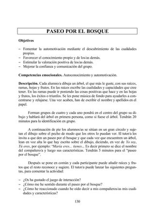 PASEO POR EL BOSQUE
Objetivos

− Fomentar la automotivación mediante el descubrimiento de las cualidades
  propias.
− Favorecer el conocimiento propio y de los/as demás.
− Estimular la valoración positiva de los/as demás.
− Mejorar la confianza y comunicación del grupo.

Competencias emocionales. Autoconocimiento y automotivación.

Descripción. Cada alumno/a dibuja un árbol, el que más le guste, con sus raíces,
ramas, hojas y frutos. En las raíces escribe las cualidades y capacidades que cree
tener. En las ramas puede ir poniendo las cosas positivas que hace y en las hojas
y frutos, los éxitos o triunfos. Se les pone música de fondo para ayudarles a con-
centrarse y relajarse. Una vez acaben, han de escribir el nombre y apellidos en el
papel.

      Forman grupos de cuatro y cada uno pondrá en el centro del grupo su di-
bujo y hablará del árbol en primera persona, como si fuese el árbol. Tendrán 20
minutos para la identificación en grupo.

       A continuación de pie los alumnos/as se sitúan en un gran círculo y suje-
tan el dibujo sobre el pecho de modo que los otros lo puedan ver. El tutor/a les
invita a que den un paseo por el bosque y que cada vez que encuentren un árbol,
lean en voz alta lo que hay escrito sobre el dibujo, diciendo, en vez de Yo soy,
Tú eres, por ejemplo: “María eres... tienes... Es decir primero se dice el nombre
del compañero/a y luego sus características. Tendrán 5 minutos para el “paseo
por el bosque”.

       Después se pone en común y cada participante puede añadir raíces y fru-
tos que el resto reconoce y sugiere. El tutor/a puede lanzar las siguientes pregun-
tas, para comentar la actividad:

− ¿Os ha gustado el juego de interacción?
− ¿Cómo me he sentido durante el paseo por el bosque?
− ¿Cómo he reaccionado cuando he oído decir a mis compañeros/as mis cuali-
  dades y características?

                                       130
 