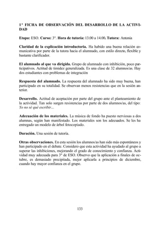 1ª FICHA DE OBSERVACIÓN DEL DESARROLLO DE LA ACTIVI-
DAD

Etapa: ESO. Curso: 3º. Hora de tutoría: 13.00 a 14.00. Tutora: Antonia

Claridad de la explicación introductoria. Ha habido una buena relación co-
municativa por parte de la tutora hacia el alumnado, con estilo directo, flexible y
bastante clarificador.

El alumnado al que va dirigida. Grupo de alumnado con inhibición, poco par-
ticipativos. Actitud de timidez generalizada. Es una clase de 32 alumnos/as. Hay
dos estudiantes con problemas de integración

Respuesta del alumnado. La respuesta del alumnado ha sido muy buena, han
participado en su totalidad. Se observan menos resistencias que en la sesión an-
terior.

Desarrollo. Actitud de aceptación por parte del grupo ante el planteamiento de
la actividad. Tan solo surgen resistencias por parte de dos alumnos/as, del tipo:
Yo no sé qué escribir...

Adecuación de los materiales. La música de fondo ha puesto nerviosas a dos
alumnas, según han manifestado. Los materiales son los adecuados. Se les ha
entregado un modelo de árbol fotocopiado.

Duración. Una sesión de tutoría.

Otras observaciones. En esta sesión los alumnos/as han sido más espontáneos y
han participado en el debate. Considero que esta actividad ha ayudado al grupo a
superar las inhibiciones, mejorando el grado de conocimiento y confianza. Acti-
vidad muy adecuada para 3º de ESO. Observo que la aplicación a finales de oc-
tubre, es demasiado precipitada, mejor aplicarla a principios de diciembre,
cuando hay mayor confianza en el grupo.




                                       133
 