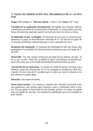 2ª FICHA DE OBSERVACIÓN DEL DESARROLLO DE LA ACTIVI-
DAD

Etapa: ESO. Curso: 4º. Hora de tutoría: 11.00 a 11.55. Tutora: Mª Luisa.

Claridad de la explicación introductoria. Ha habido una excelente relación
comunicativa por parte de la tutora hacia el alumnado. La tutora realizó una muy
buena introducción, logrando captar la atención de todos los chicos y chicas.

El alumnado al que va dirigida. El alumnado de esta clase se caracteriza por
pertenecer al grupo de diversificación curricular de 4º. Se trata de un grupo de
15 alumnos/as bastante cohesionado pese a estar a principio de curso.

Respuesta del alumnado. La respuesta del alumnado ha sido muy buena, han
participado en su totalidad. Se observan menos resistencias que en el grupo de 3º
de ESO.

Desarrollo. Tan sólo surgen resistencias por parte de una alumna, del tipo: Yo
no sé qué escribir. Todo ello es debido al mayor conocimiento propiciado por
buen clima clase que se ha venido desarrollando desde principio de curso

Adecuación de los materiales. La música de fondo ha puesto nerviosas a dos
alumnas, según han manifestado. Se les ha entregado un modelo de árbol foto-
copiado. En este curso de 4º considero que es mejor que sean los alumno/as los
que elaboren su propio árbol.

Duración. Una sesión de tutoría.

Otras observaciones. Los alumnos y alumnas han valorado la actividad como
una experiencia muy positiva para conocerse mejor y reflexionar sobre sí mis-
mo. En este grupo la interacción ha sido bastante positiva. La tutora ha pedido
más actividades de este tipo. Una alumna ha manifestado que le ha resultado un
poco infantil.




                                      134
 