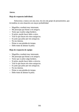 Anexo.

Hoja de respuesta individual.

       Selecciona y marca con una cruz, tres de este grupo de pensamientos, que
tú tendrías en esta situación con mayor probabilidad:

−   Magnífico, resultará muy interesante.
−   Me preocupa que hieran a mi amigo/a.
−   Temo que si peleo salga herido/a.
−   Si peleo, puedo hacer daño a otros.
−   Veré lo que hacen mis otros amigos/as.
−   Es justo que pelee por mis amigos/as.
−   No me interesa.
−   Pelear es una pérdida de tiempo.
−   Debo tratar de detener la pelea.

Hoja de respuesta de equipo

−   Magnífico, resultará muy interesante.
−   Me preocupa que hieran a mi amigo/a.
−   Temo que si peleo salga herido/a.
−   Si peleo, puedo hacer daño a otros/as.
−   Veré lo que hacen mis otros amigos/as.
−   Es justo que pelee por mis amigos/as.
−   No me interesa.
−   Pelear es una pérdida de tiempo.
−   Debo tratar de detener la pelea.




                                      166
 