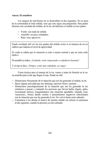 Anexo. El semáforo

      Los ataques de mal humor no se desarrollan en dos segundos. No se pasa
de la normalidad al total enfado, sino que éste sigue una progresión. Para poder
detectar esta escalada del enfado, de la ira, dividiremos el enfado en tres partes:

      − Verde: con nada de enfado.
      − Amarillo: un poco enfadados.
      − Rojo: muy agresivos.

Puede resultarte útil ver los tres grados del enfado como si se tratasen de un se-
máforo que indicara el nivel de agresividad:

El verde te señala que la situación es más o menos normal y que no estas enfa-
dado/a.

El amarillo te indica: ¡Cuidado, estás empezando a enfadarte bastante!

Y el rojo te dice: ¡Peligro, estás muy enfadado, no sigas!

     Como técnica para el manejo de la ira, vamos a tratar de frenarla en la zo-
na amarilla para evitar que llegue al rojo. Puede ser útil:

− Distanciarse físicamente de la situación que nos ha generado el enfado, la ira.
− Hacer alguna actividad que nos distraiga: ejercicio físico, caminar…
− Distanciarse psicológicamente de la situación que nos ha generado la ira:
  yéndonos a pasear y contando las personas que llevan barba, bigote, gafas,
  escuchando música, imaginándonos una situación agradable, relajada, unas
  vacaciones…Nunca dando vueltas a pensamientos negativos relacionados
  con la situación que nos ha generado la ira. No volver hasta estar calmado.
− Comunicar a los demás el motivo de nuestro enfado sin críticas ni amenazas
  al día siguiente, cuando la persona ya esté calmada.




                                       226
 