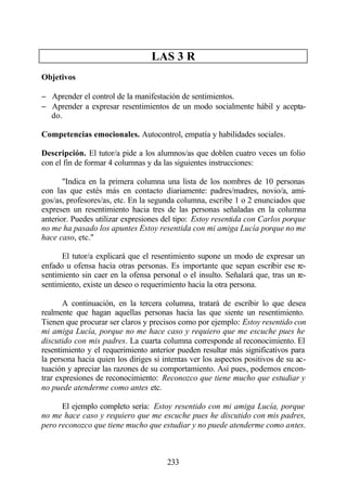 LAS 3 R
Objetivos

− Aprender el control de la manifestación de sentimientos.
− Aprender a expresar resentimientos de un modo socialmente hábil y acepta-
  do.

Competencias emocionales. Autocontrol, empatía y habilidades sociales.

Descripción. El tutor/a pide a los alumnos/as que doblen cuatro veces un folio
con el fin de formar 4 columnas y da las siguientes instrucciones:

       "Indica en la primera columna una lista de los nombres de 10 personas
con las que estés más en contacto diariamente: padres/madres, novio/a, ami-
gos/as, profesores/as, etc. En la segunda columna, escribe 1 o 2 enunciados que
expresen un resentimiento hacia tres de las personas señaladas en la columna
anterior. Puedes utilizar expresiones del tipo: Estoy resentida con Carlos porque
no me ha pasado los apuntes Estoy resentida con mi amiga Lucía porque no me
hace caso, etc."

      El tutor/a explicará que el resentimiento supone un modo de expresar un
enfado u ofensa hacia otras personas. Es importante que sepan escribir ese re-
sentimiento sin caer en la ofensa personal o el insulto. Señalará que, tras un re-
sentimiento, existe un deseo o requerimiento hacia la otra persona.

       A continuación, en la tercera columna, tratará de escribir lo que desea
realmente que hagan aquellas personas hacia las que siente un resentimiento.
Tienen que procurar ser claros y precisos como por ejemplo: Estoy resentido con
mi amiga Lucía, porque no me hace caso y requiero que me escuche pues he
discutido con mis padres. La cuarta columna corresponde al reconocimiento. El
resentimiento y el requerimiento anterior pueden resultar más significativos para
la persona hacia quien los diriges si intentas ver los aspectos positivos de su ac-
tuación y apreciar las razones de su comportamiento. Así pues, podemos encon-
trar expresiones de reconocimiento: Reconozco que tiene mucho que estudiar y
no puede atenderme como antes etc.

      El ejemplo completo sería: Estoy resentido con mi amiga Lucía, porque
no me hace caso y requiero que me escuche pues he discutido con mis padres,
pero reconozco que tiene mucho que estudiar y no puede atenderme como antes.



                                       233
 