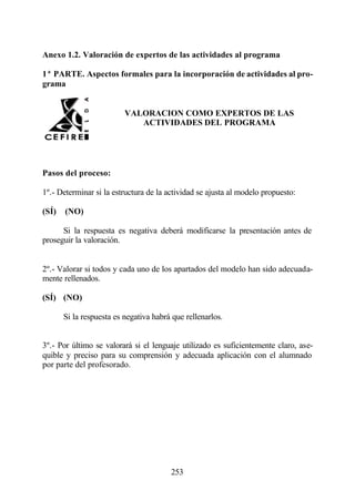 Anexo 1.2. Valoración de expertos de las actividades al programa

1ª PARTE. Aspectos formales para la incorporación de actividades al pro-
grama


                          VALORACION COMO EXPERTOS DE LAS
                             ACTIVIDADES DEL PROGRAMA




Pasos del proceso:

1º.- Determinar si la estructura de la actividad se ajusta al modelo propuesto:

(SÍ)   (NO)

      Si la respuesta es negativa deberá modificarse la presentación antes de
proseguir la valoración.


2º.- Valorar si todos y cada uno de los apartados del modelo han sido adecuada-
mente rellenados.

(SÍ) (NO)

       Si la respuesta es negativa habrá que rellenarlos.


3º.- Por último se valorará si el lenguaje utilizado es suficientemente claro, ase-
quible y preciso para su comprensión y adecuada aplicación con el alumnado
por parte del profesorado.




                                        253
 
