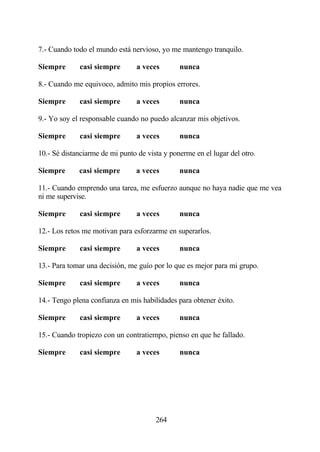 7.- Cuando todo el mundo está nervioso, yo me mantengo tranquilo.

Siempre      casi siempre        a veces       nunca

8.- Cuando me equivoco, admito mis propios errores.

Siempre      casi siempre       a veces        nunca

9.- Yo soy el responsable cuando no puedo alcanzar mis objetivos.

Siempre      casi siempre        a veces       nunca

10.- Sé distanciarme de mi punto de vista y ponerme en el lugar del otro.

Siempre      casi siempre       a veces        nunca

11.- Cuando emprendo una tarea, me esfuerzo aunque no haya nadie que me vea
ni me supervise.

Siempre      casi siempre        a veces       nunca

12.- Los retos me motivan para esforzarme en superarlos.

Siempre      casi siempre        a veces       nunca

13.- Para tomar una decisión, me guío por lo que es mejor para mi grupo.

Siempre      casi siempre        a veces       nunca

14.- Tengo plena confianza en mis habilidades para obtener éxito.

Siempre      casi siempre        a veces       nunca

15.- Cuando tropiezo con un contratiempo, pienso en que he fallado.

Siempre      casi siempre        a veces       nunca




                                       264
 