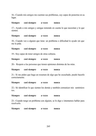 16.- Cuando mis amigos me cuentan sus problemas, soy capaz de ponerme en su
lugar.

Siempre      casi siempre       a veces        nunca

17.- Ayudo a mis amigos y amigas teniendo en cuenta lo que necesitan y lo que
sienten.

Siempre      casi siempre       a veces        nunca

18.- Cuando veo a alguien que tiene un problema o dificultad le ayudo sin que
me lo pida.

Siempre      casi siempre       a veces        nunca

19.- Soy capaz de tener amigos de otras culturas.

Siempre      casi siempre       a veces        nunca

20.- Respeto a las personas que tienen opiniones distintas de las mías.

Siempre      casi siempre       a veces        nunca

21.- Si me piden que haga un resumen de algo que he escuchado, puedo hacerlo
correctamente.

Siempre      casi siempre       a veces        nunca

22.- Sé identificar lo que sienten los demás y también comunicar mis sentimien-
tos.

Siempre      casi siempre       a veces        nunca

23.- Cuando tengo un problema con alguien, se lo digo e intentamos hablar para
resolverlo.

Siempre      casi siempre       a veces        nunca




                                       265
 
