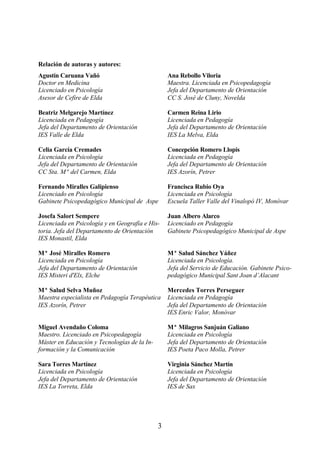 Relación de autoras y autores:
Agustín Caruana Vañó                              Ana Rebollo Viloria
Doctor en Medicina                                Maestra. Licenciada en Psicopedagogía
Licenciado en Psicología                          Jefa del Departamento de Orientación
Asesor de Cefire de Elda                          CC S. José de Cluny, Novelda

Beatriz Melgarejo Martínez                        Carmen Reina Lirio
Licenciada en Pedagogía                           Licenciada en Pedagogía
Jefa del Departamento de Orientación              Jefa del Departamento de Orientación
IES Valle de Elda                                 IES La Melva, Elda

Celia García Cremades                             Concepción Romero Llopis
Licenciada en Psicología                          Licenciada en Pedagogía
Jefa del Departamento de Orientación              Jefa del Departamento de Orientación
CC Sta. Mª del Carmen, Elda                       IES Azorín, Petrer

Fernando Miralles Galipienso                      Francisca Rubio Oya
Licenciado en Psicología                          Licenciada en Psicología
Gabinete Psicopedagógico Municipal de Aspe        Escuela Taller Valle del Vinalopó IV, Monóvar

Josefa Salort Sempere                             Juan Albero Alarco
Licenciada en Psicología y en Geografía e His-    Licenciado en Pedagogía
toria. Jefa del Departamento de Orientación       Gabinete Psicopedagógico Municipal de Aspe
IES Monastil, Elda

Mª José Miralles Romero                           Mª Salud Sánchez Yáñez
Licenciada en Psicología                          Licenciada en Psicología.
Jefa del Departamento de Orientación              Jefa del Servicio de Educación. Gabinete Psico-
IES Misteri d'Elx, Elche                          pedagógico Municipal Sant Joan d’Alacant

Mª Salud Selva Muñoz                              Mercedes Torres Perseguer
Maestra especialista en Pedagogía Terapéutica     Licenciada en Pedagogía
IES Azorín, Petrer                                Jefa del Departamento de Orientación
                                                  IES Enric Valor, Monóvar

Miguel Avendaño Coloma                            Mª Milagros Sanjuán Galiano
Maestro. Licenciado en Psicopedagogía             Licenciada en Psicología
Máster en Educación y Tecnologías de la In-       Jefa del Departamento de Orientación
formación y la Comunicación                       IES Poeta Paco Molla, Petrer

Sara Torres Martínez                              Virginia Sánchez Martín
Licenciada en Psicología                          Licenciada en Psicología
Jefa del Departamento de Orientación              Jefa del Departamento de Orientación
IES La Torreta, Elda                              IES de Sax




                                              3
 