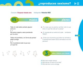 ¿reproduces sexismo?

· Canción: Empezar desde cero        · Intérprete: Rebelde RBD




                            música                                                   piensa

Toda mi vida había soñado alguien                 ¿Tú crees que es positivo cambiar todo lo que
como tú                                           eres y lo que has sido por tu pareja?
(…)
No quiero negarlo, estoy perdiendo                ¿Si la pareja de tus sueños te lo pide… cambiarías
por tu amor                                       TODO?
                                                                                                       4 5

Todos mis sentidos y mi forma de pensar           ¿Crees que es positivo que todos tus sentidos y
están contigo                                     tu pensamiento estén SOLO centrados en la otra
(…)                                               persona?
Por ti cambiaría todo lo que soy
y lo que fui




                                                                  mitos y falacias para debatir



                                                  Mito de la media naranja
                                                  Mito de que “el amor lo es todo”
                                                  Mito del amor como entrega
 