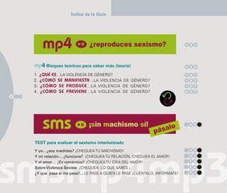 Índice de la Guía




                               ¿reproduces sexismo?                            1 4 1




    mp4 Bloques teóricos para saber más (teoría)                               1 4 4


    1.   ¿QUÉ ES…LA VIOLENCIA DE GÉNERO?                                       1 4 7

    2.   ¿CÓMO SE MANIFIESTA…LA VIOLENCIA DE GÉNERO?                           1 6 7

    3.   ¿CÓMO SE PRODUCE …LA VIOLENCIA DE GÉNERO?                             1 8 7

    4.   ¿CÓMO SE PREVIENE …LA VIOLENCIA DE GÉNERO?                            2 0 7
4




                               ¡sin machismo sí!                   lo
                                                                               1 2 5

                                                               pása
    TEST para evaluar el sexismo interiorizado
    Y yo…¿soy machista? ¡CHEQUEA TU MACHISMO!                                  1 3 2

    Y mi relación… ¿funciona? ¡CHEQUEA TU RELACIÓN, CHEQUEA EL AMOR!           1 5 5

    Y el amor… ¿Es romántico? ¡CHEQUEA TU IDEA DEL AMOR!                       1 7 8

    Sobre Violencia Sexista ¡CHEQUEA LO QUE SABES ¡                            1 8 5

    ¿Y que pasa si me pasa?... LE PASE A QUIEN LE PASE ¡CUÉNTALO, INFÓRMATE!   1 9 1
 