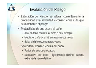 Evaluación del Riesgo
• Estimación del Riesgo: se valoran conjuntamente la
  probabilidad y la severidad – consecuencias, de que
  se materialice el peligro.
• Probabilidad de que ocurra el daño:
   • Alta: el daño ocurrirá siempre o casi siempre
   • Media: el daño ocurrirá en algunas ocasiones
   • Baja: el daño ocurrirá raras veces
• Severidad - Consecuencias del daño:
   • P
     Partes d l cuerpo afectadas
            del         f    d
   • Naturaleza del daño : ligeramente dañino, dañino,
     extremadamente dañino
 