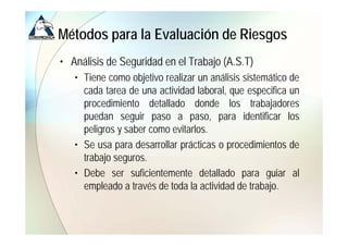 Métodos para la Evaluación de Riesgos
• Análisis de Seguridad en el Trabajo (A.S.T)
                g                  j (      )
   • Tiene como objetivo realizar un análisis sistemático de
     cada tarea de una actividad laboral, que especifica un
                                         ,q       p
     procedimiento detallado donde los trabajadores
     puedan seguir paso a paso, para identificar los
     peligros y saber como evitarlos.
   • Se usa para desarrollar prácticas o procedimientos de
     trabajo seguros.
   • Debe ser suficientemente detallado para guiar al
                                                    g
     empleado a través de toda la actividad de trabajo.
 