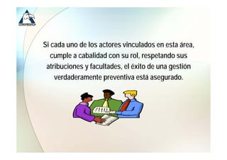 Si cada uno de los actores vinculados en esta área
                                               área,
   cumple a cabalidad con su rol, respetando sus
 atribuciones y facultades, el éxito de una gestión
    verdaderamente preventiva está asegurado.
                    p                    g
 