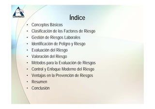Índice
•   Conceptos Básicos
•   Clasificación de
    Cl ifi ió d llos F tFactores d Ri
                                 de Riesgo
•   Gestión de Riesgos Laborales
•   Identificación de Peligro Riesgo
    Id ifi ió d P li y Ri
•   Evaluación del Riesgo
•   Valoración del Riesgo
•   Métodos para la Evaluación de Riesgos
•   Control y Enfoque Moderno del Riesgo
•   Ventajas en la Prevención de Riesgos
•   Resumen
•   Conclusión
 