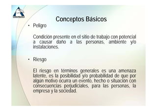 Conceptos Básicos
              C     t Bá i
• Peligro

  Condición presente en el sitio de trabajo con potencial
  a causar daño a las personas ambiente y/o
                              personas,
  instalaciones.

• Riesgo

  El riesgo en términos generales es una amenaza
  latente, es la posibilidad y/o probabilidad de que por
  algún motivo ocurra un evento hecho o situación con
                           evento,
  consecuencias perjudiciales, para las personas, la
  empresa y la sociedad.
      p
 