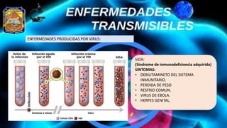 ENFERMEDADES PRODUCIDAS POR VIRUS:
SIDA:
(Sindrome de inmunodeficiencia adquirida)
SINTOMAS:
• DEBILITAMINETO DEL SISTEMA
...