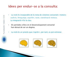 • La visió és inseparable de la resta de sistemes sensorials i motors:
audició, llenguatge, equilibri, tacte, coordinació motora.
La integració n’és la clau.
• Els períodes crítics en el desenvolupament sensorial
han deixat de ser un dogma.
• La visió és un procés que s’aprèn i, per tant, es pot entrenar.
 