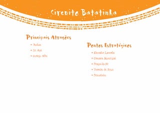 Circuito Batatinha

Principais Atrações
 • Olodum
                           Pontos Estratégicos
 • Ilê Ayê
                             • Elevador Lacerda
 • Cortejo Afro
                             • Câmara Municipal
                             • Praça da Sé
                             • Terreiro de Jesus
                             • Pelourinho
 