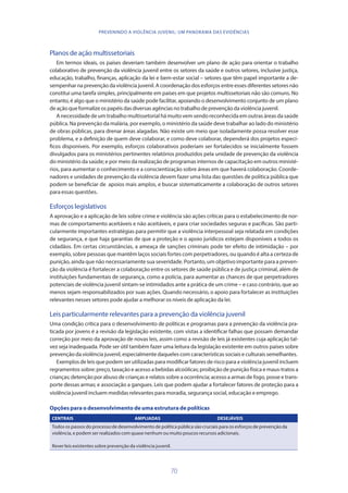 70
PREVENINDO A VIOLÊNCIA JUVENIL: UM PANORAMA DAS EVIDÊNCIAS
Planos de ação multissetoriais
Em termos ideais, os países deveriam também desenvolver um plano de ação para orientar o trabalho
colaborativo de prevenção da violência juvenil entre os setores da saúde e outros setores, inclusive justiça,
educação, trabalho, finanças, aplicação da lei e bem-estar social – setores que têm papel importante a de-
sempenhar na prevenção da violência juvenil. A coordenação dos esforços entre esses diferentes setores não
constitui uma tarefa simples, principalmente em países em que projetos multissetoriais não são comuns. No
entanto, é algo que o ministério da saúde pode facilitar, apoiando o desenvolvimento conjunto de um plano
deaçãoqueformalizeospapéisdasdiversasagências notrabalhode prevençãodaviolênciajuvenil.
A necessidade de um trabalho multissetorial há muito vem sendo reconhecida em outras áreas da saúde
pública. Na prevenção da malária, por exemplo, o ministério da saúde deve trabalhar ao lado do ministério
de obras públicas, para drenar áreas alagadas. Não existe um meio que isoladamente possa resolver esse
problema, e a definição de quem deve colaborar, e como deve colaborar, dependerá dos projetos especí-
ficos disponíveis. Por exemplo, esforços colaborativos poderiam ser fortalecidos se inicialmente fossem
divulgados para os ministérios pertinentes relatórios produzidos pela unidade de prevenção da violência
do ministério da saúde; e por meio da realização de programas internos de capacitação em outros ministé-
rios, para aumentar o conhecimento e a conscientização sobre áreas em que haverá colaboração. Coorde-
nadores e unidades de prevenção da violência devem fazer uma lista das questões de política pública que
podem se beneficiar de apoios mais amplos, e buscar sistematicamente a colaboração de outros setores
para essas questões.
Esforços legislativos
A aprovação e a aplicação de leis sobre crime e violência são ações críticas para o estabelecimento de nor-
mas de comportamento aceitáveis e não aceitáveis, e para criar sociedades seguras e pacíficas. São parti-
cularmente importantes estratégias para permitir que a violência interpessoal seja relatada em condições
de segurança, e que haja garantias de que a proteção e o apoio jurídicos estejam disponíveis a todos os
cidadãos. Em certas circunstâncias, a ameaça de sanções criminais pode ter efeito de intimidação – por
exemplo, sobre pessoas que mantêm laços sociais fortes com perpetradores, ou quando é alta a certeza de
punição, ainda que não necessariamente sua severidade. Portanto, um objetivo importante para a preven-
ção da violência é fortalecer a colaboração entre os setores de saúde pública e de justiça criminal, além de
instituições fundamentais de segurança, como a polícia, para aumentar as chances de que perpetradores
potenciais de violência juvenil sintam-se intimidados ante a prática de um crime – e caso contrário, que ao
menos sejam responsabilizados por suas ações. Quando necessário, o apoio para fortalecer as instituições
relevantes nesses setores pode ajudar a melhorar os níveis de aplicação da lei.
Leis particularmente relevantes para a prevenção da violência juvenil
Uma condição crítica para o desenvolvimento de políticas e programas para a prevenção da violência pra-
ticada por jovens é a revisão da legislação existente, com vistas a identificar falhas que possam demandar
correção por meio da aprovação de novas leis, assim como a revisão de leis já existentes cuja aplicação tal-
vez seja inadequada. Pode ser útil também fazer uma leitura da legislação existente em outros países sobre
prevenção da violência juvenil, especialmente daqueles com características sociais e culturais semelhantes.
Exemplos de leis que podem ser utilizadas para modificar fatores de risco para a violência juvenil incluem
regramentos sobre: preço, taxação e acesso a bebidas alcoólicas; proibição de punição física e maus-tratos a
crianças; detenção por abuso de crianças e relatos sobre a ocorrência; acesso a armas de fogo, posse e trans-
porte dessas armas; e associação a gangues. Leis que podem ajudar a fortalecer fatores de proteção para a
violência juvenil incluem medidas relevantes para moradia, segurança social, educação e emprego.
Opções para o desenvolvimento de uma estrutura de políticas
CENTRAIS AMPLIADAS DESEJÁVEIS
Todos os passos do processo de desenvolvimento de política pública são cruciais para os esforços de prevenção da
violência, e podem ser realizados com quase nenhum ou muito poucos recursos adicionais.
Rever leis existentes sobre prevenção da violência juvenil.
 