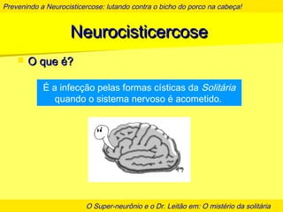 Prevenindo a Neurocisticercose: lutando contra o bicho do porco na cabeça!
O Super-neurônio e o Dr. Leitão em: O mistério da solitária
NeurocisticercoseNeurocisticercose
 O que é?O que é?
É a infecção pelas formas císticas da Solitária
quando o sistema nervoso é acometido.
 
