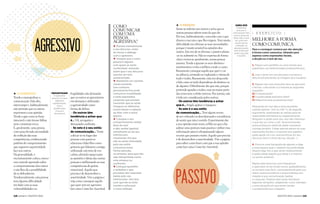 AGOSTO 2014 / prevenir 119
118 prevenir / AGOSTO 2014
v O AGRESSIVO
Tende a monopolizar a
comunicação. Fala alto,
interrompe e, habitualmente,
não permite que os outros
expressem a sua opinião.
Tende a agir como se fosse
intocável e não tivesse falhas
nem cometesse erros.
É, geralmente, uma pessoa
com uma elevada necessidade
de exibição das suas
competências, evidenciando
padrões de comportamento
que sugerem superioridade
face aos outros.
Na generalidade, é
excessivamente crítico, exerce
um controlo apertado sobre
o comportamento dos outros
e não lhes dá a possibilidade
de se defenderem.
Tendencialmente, esta pessoa
tem alguma dificuldade
em lidar com as suas
vulnerabilidades ou
fragilidades não deixando
que os outros se aproximem
em demasia e utilizando
a agressividade como
forma de defesa.
„ Os outros têm
tendência a achar que
é... Vil, arrogante e
demasiado confiante.
„ Se este é o seu estilo
de comunicação... Tente
colocar-se no lugar das
pessoas com quem se
relaciona e falar-lhes como
gostaria que falassem consigo,
utilizando um tom de voz
calmo, abrindo espaço para
as opiniões e ideias das outras
pessoas e melhorando as suas
competências de gestão
emocional. Aquilo que
precisa é de desenvolver a
assertividade. Vire a página e
veja como conseguir aquilo
que quer sem ser agressivo
(vercaixa ComoSerAssertivo).
COMO
COMUNICAR
COM UMA
PESSOA
AGRESSIVA?
v Planeie mentalmente
o seu discurso, antes
de iniciar o diálogo
com o agressivo.
v Imagine que a outra
pessoa é alguém
com quem se sente
confortável, evitando
assim que o seu discurso
assuma um tom
amedrontado.
v Mantenha um contato
visual oscilante
(um contacto
permanente fixo pode
comunicar hostilidade)
e evite expressões
corporais que possam
transmitir que se sente
insegura ou defensiva
(como baixar a cabeça)
ao falar com a outra
pessoa.
v Coloque o seu
comportamento verbal
(tom de voz)
e não-verbal (gestos)
semelhante ao do seu
interlocutor,
mostrando-lhe que
não se sente intimidada
pelo seu estilo
comunicacional.
Tenha atenção,
no entanto, para que não
seja interpretada como
uma ameaça ou
confronto.
vColoque questões
e verbalize o que
percebeu das respostas
dadas pelo seu
interlocutor. Isto fará
com que ele se sinta
ouvido e reforçará
o vosso diálogo.
DESVANTAGEM
O agressivo
alcança os seus
objetivos
rapidamente,
mas a
gratificação
é pouco
duradoura
SABIA QUE
O passivo
procura a
autorização dos
outros antes de
fazer seja o que
for, pois tem
receio de ser
criticado ou
desvalorizado,
mas acaba por
sentir que não
é ouvido
AGRESSIV0
v O PASSIVO
Sente-se inferior aos outros e acha que as
outras pessoas sabem mais do que ele.
Por isso, habitualmente, concorda com o que
dizem e executa o que lhe exigem. Tem muita
dificuldade em afirmar as suas necessidades
porque é muito sensível às opiniões dos
outros. Em vez de se afirmar, o passivo afasta-
-se ou submete-se. Não se expressa de forma
clara e torna-se, geralmente, numa pessoa
ansiosa. Tende a ignorar os seus direitos e
sentimentos e evita conflitos a todo o custo.
Raramente consegue aquilo que quer e cai
no silêncio, sentindo-se explorado e vítima de
tudo e todos. Raramente, está em desacordo
e fala como se tudo dependesse do destino ou
de alguém. Dificilmente diz que não, porque
pretende agradar a todos, mas na maior parte
das vezes tem o efeito inverso. Por norma, não
é tido em consideração pelos outros.
„ Os outros têm tendência a achar
que é... Frágil, apático e inseguro.
„ Se este é o seu estilo
de comunicação... Tem algum receio
de ser criticado ou desvalorizado e a tendência
de sentir que não é ouvido. Experimente dar
a sua opinião mais vezes, reflita no que a faz
adotar uma postura mais passiva e utilize essa
informação para ir ultrapassando alguns
receios que possam existir. Aquilo que precisa
é de desenvolver a assertividade. Vire a página
para saber como fazer com que a sua opinião
conte (vercaixaComoSerAssertivo).
MELHORE A FORMA
COMO COMUNICA
Para o conseguir comece por dar atenção
à forma como comunica, olhando para
aspetos como expressões faciais,
a dicção ou o tom de voz.
1. Pegue num panfleto ou uma revista que
publicitem um determinado produto/serviço.
2. Leia o texto em voz alta para si própria e
descreva/caracterize as imagens que visualiza.
3. Repare nas suas emoções face ao que está
a ler/ver, colocando a si mesma as seguintes
questões:
A) É interessante?
B) A publicidade está bem feita?
C) Adquiriria esse produto/serviço?
Responda em voz alta a estas questões
usando apenas “sim”ou não” e, de seguida,
argumente, explorando as razões para ter
respondido afirmativa ou negativamente.
Ninguém o pode ouvir por isso não interessa
o que diz ou como o diz. Vá promovendo
autoconfiança e desfrute deste momento
consigo próprio. Esteja apenas atento às suas
expressões faciais e corporais (um espelho
pode ajudá-lo) e às características do seu
discurso (tom e ritmo da voz, dicção...).
4. Procure uma fotografia de alguém e diga
a essa pessoa qual o objetivo da publicidade.
Depois diga-lhe o que sente relativamente
à publicidade (aquilo que disse a si mesmo
no ponto anterior).
Repita este exercício com frequência
e aperceba-se do modo como, gradualmente,
se tornará mais fácil, nomeadamente pela sua
maior autoconsciência e autoconfiança em
relação à sua comunicação (verbal
e corporal). Poderá mais tarde introduzir
algumas variações, adaptando-o por exemplo
a uma situação em que tente vender
o produto/serviço a alguém.
{ E X E R C Í C I O }
PASSIVO
 