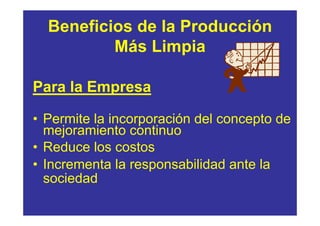 Beneficios de la Producción
          Más Limpia

Para la Empresa

• Permite la incorporación del concepto de
  mejoramiento continuo
• Reduce los costos
• Incrementa la responsabilidad ante la
  sociedad
 