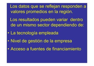 Los datos que se reflejan responden a
 valores promedios en la región.
 Los resultados pueden variar dentro
 de un mismo sector dependiendo de:
• La tecnología empleada
• Nivel de gestión de la empresa
• Acceso a fuentes de financiamiento
 