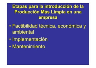 Etapas para la introducción de la
  Producción Más Limpia en una
            empresa
• Factibilidad técnica, económica y
  ambiental
• Implementación
• Mantenimiento
 