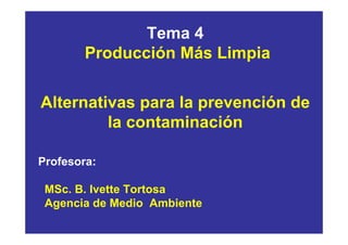 Tema 4
        Producción Más Limpia

Alternativas para la prevención de
         la contaminación

Profesora:

 MSc. B. Ivette Tortosa
 Agencia de Medio Ambiente
 