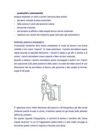 -

gradualità e sistematicità

bisogna impostare un solco e quindi il percorso deve andare
-

dal piano verticale al piano orizzontale

-

dalla postura in piedi alla posizione seduta

-

dal grande al piccolo

-

dal semplice la difficile e dalla singola forma a forme combinate

-

ripetizioni con varianti del medesimo gesto (dal solco agli automatismi)

Ambiente, postura e impugnatura
Innanzitutto l’ambiente deve essere predisposto in modo da favorire una buona
visibilità e non creare “ostacoli”. In modo particolare i bambini dovrebbero essere
seduti secondo la lateralità dell’occhio: i mancini a destra e gli altri a sinistra o al
centro; i banchi dovrebbero essere separati e liberi da altro materiale.
Quando si siedono i bambini dovrebbero essere incoraggiati a sedersi con i fianchi
ben posizionati sulla parte posteriore della sedia e la sedia dovrebbe essere di una
dimensione tale da permettere al bacino, alle ginocchia e alle caviglie di formare
angoli di 90 gradi.

E’ opportuno porre molta attenzione alla postura e all’impugnatura già alla scuola
d’infanzia poiché arrivato in prima, il bambino spesso ha già fissato delle abitudini
difficili da cambiare.
Per quanto riguarda l’impugnatura, si cercherà di portare il bambino alla “presa
tripode dinamica” in cui c’è l’opposizione pollice-indice e il dito medio sorregge lo
strumento grafico mentre il mignolo e l’anulare sono flessi.

 