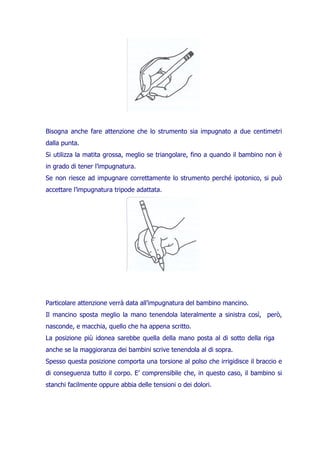 Bisogna anche fare attenzione che lo strumento sia impugnato a due centimetri
dalla punta.
Si utilizza la matita grossa, meglio se triangolare, fino a quando il bambino non è
in grado di tener l’impugnatura.
Se non riesce ad impugnare correttamente lo strumento perché ipotonico, si può
accettare l’impugnatura tripode adattata.

Particolare attenzione verrà data all’impugnatura del bambino mancino.
Il mancino sposta meglio la mano tenendola lateralmente a sinistra così, però,
nasconde, e macchia, quello che ha appena scritto.
La posizione più idonea sarebbe quella della mano posta al di sotto della riga
anche se la maggioranza dei bambini scrive tenendola al di sopra.
Spesso questa posizione comporta una torsione al polso che irrigidisce il braccio e
di conseguenza tutto il corpo. E’ comprensibile che, in questo caso, il bambino si
stanchi facilmente oppure abbia delle tensioni o dei dolori.

 