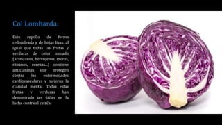 Col Lombarda.
Este repollo de forma
redondeada y de hojas lisas, al
igual que todas las frutas y
verduras de color morado
(arándanos, berenjenas, moras,
rábanos, cerezas...) contiene
anticianinas que protegen
contra las enfermedades
cardiovasculares y mejoran la
claridad mental. Todas estas
frutas y verduras han
demostrado ser útiles en la
lucha contra el estrés.
 
