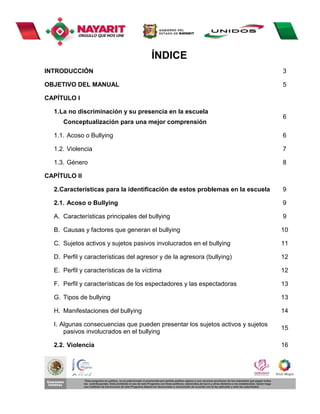 ÍNDICE
INTRODUCCIÓN                                                                    3

OBJETIVO DEL MANUAL                                                             5

CAPÍTULO I

  1. La no discriminación y su presencia en la escuela
                                                                                6
     Conceptualización para una mejor comprensión

  1.1. Acoso o Bullying                                                         6

  1.2. Violencia                                                                7

  1.3. Género                                                                   8

CAPÍTULO II

  2. Características para la identificación de estos problemas en la escuela    9

  2.1. Acoso o Bullying                                                         9

  A. Características principales del bullying                                   9

  B. Causas y factores que generan el bullying                                  10

  C. Sujetos activos y sujetos pasivos involucrados en el bullying              11

  D. Perfil y características del agresor y de la agresora (bullying)           12

  E. Perfil y características de la víctima                                     12

  F. Perfil y características de los espectadores y las espectadoras            13

  G. Tipos de bullying                                                          13

  H. Manifestaciones del bullying                                               14

  I. Algunas consecuencias que pueden presentar los sujetos activos y sujetos
                                                                                15
      pasivos involucrados en el bullying

  2.2. Violencia                                                                16
 
