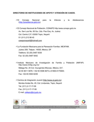 DIRECTORIO DE INSTITUCIONES DE APOYO Y ATENCIÓN DE CASOS.


   El    Consejo      Nacional   para       la   Infancia   y   la   Adolescencia
     (http://presidencia.gob.mx).


   El Consejo Nacional de Población, CONAPO http:/www.conapo.gob.mx
     Av. San Luis No. 85 Sur, 2do. Piso Esq. Av. Juárez
     Col. Centro C.P. 63000 Tepic, Nayarit
     01 (311) 213 98 45
     coesponayarit@hotmail.com


   La Fundación Mexicana para la Planeación Familiar, MEXFAM.
     Juárez 208, Tlalpan, 14000, México, DF
     Teléfono: 52 (55) 5487 0030
     Fax: 52 (55) 5487 0042


   Instituto Mexicano de Investigación de Familia y Población           (IMIFAP)
      http://www.imifap.org.mx/
     Málaga No. 25 Col. Insurgentes Mixcoac, México, D.F.
     52 55 5611 5876 / +52 55 5598 5673 o 01800-0175900;
     Fax: +52-55 5563 6239


   Centros de Integración Juvenil (http://www.cij.gob.mx)
     Montes Andes No. 45. Col. Lindavista, Tepic, Nayarit
     Tel. (311) 2-17-17-58
     Fax. (311) 2-17-17-58
     E mail. celtepic@cij.gob.mx




                                          58
 