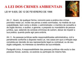 A LEI DOS CRIMES AMBIENTAIS
LEI No 9.605, DE 12 DE FEVEREIRO DE 1998


 Art. 2 . Quem, de qualquer forma, concorre para a pratica dos crimes
 previstos nesta Lei, incide nas penas a estes cominadas, na medida da sua
 culpabilidade, bem como o diretor, o administrador, o membro de conselho e
 de órgão técnico, o auditor, o gerente, o preposto ou mandatário de pessoa
 jurídica, que, sabendo da conduta criminosa de outrem, deixar de impedir a
 sua pratica, quando podia agir para evitá-la.

 Art. 3 . As pessoas jurídicas serão responsabilizadas administrativa, civil e
 penalmente conforme o disposto nesta Lei, nos casos em que a infração seja
 cometida por decisão de seu representante legal ou contratual, ou de seu
 órgão colegiado, no interesse ou beneficio da sua entidade.

 Parágrafo único. A responsabilidade das pessoas jurídicas não exclui a das
 pessoas físicas, autoras, co-autoras ou participes do mesmo fato.
 