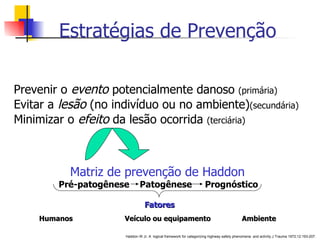 Prevenir o   evento   potencialmente danoso  (primária) Evitar a   lesão   (no indivíduo ou no ambiente) (secundária) Minimizar o   efeito   da lesão ocorrida  (terciária) Estratégias de Prevenção Matriz de prevenção de Haddon Pré-patogênese  Patogênese  Prognóstico Haddon W Jr. A  logical framework for categorizing highway safety phenomena  and activity.J Trauma 1972;12:193-207. Fatores Humanos  Veículo ou equipamento  Ambiente 