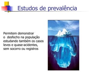 Estudos de prevalência Permitem demonstrar  o  desfecho na população  estudando também os casos  leves e quase-acidentes, sem socorro ou registros  