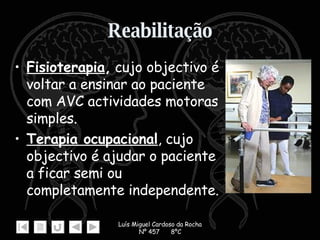 Reabilitação Fisioterapia ,  cujo objectivo é voltar a ensinar ao paciente com AVC actividades motoras simples.  Terapia ocupacional , cujo objectivo é ajudar o paciente a ficar semi ou completamente independente. 