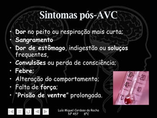 Sintomas pós-AVC Dor  no peito ou respiração mais curta; Sangramento   Dor de estômago , indigestão ou  soluços  frequentes,  Convulsões  ou perda de consciência; Febre ; Alteração do comportamento; Falta de  força ; “ Prisão de ventre ” prolongada. 