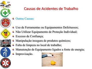 Outras Causas:
Uso de Ferramentas ou Equipamentos Defeituosos;
Não Utilizar Equipamento de Proteção Individual;
Excesso de Confiança;
Manipulação insegura de produtos químicos;
Falta de limpeza no local de trabalho;
Manutenção de Equipamento ligados a fonte de energia;
Improvisação.
Causas de Acidentes de Trabalho
 