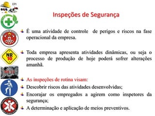 É uma atividade de controle de perigos e riscos na fase
operacional da empresa.
Toda empresa apresenta atividades dinâmicas, ou seja o
processo de produção de hoje poderá sofrer alterações
amanhã.
As inspeções de rotina visam:
Descobrir riscos das atividades desenvolvidas;
Encorajar os empregados a agirem como inspetores da
segurança;
A determinação e aplicação de meios preventivos.
Inspeções de Segurança
 