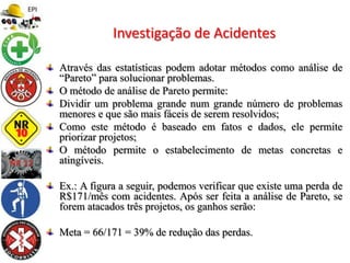 Através das estatísticas podem adotar métodos como análise de
“Pareto” para solucionar problemas.
O método de análise de Pareto permite:
Dividir um problema grande num grande número de problemas
menores e que são mais fáceis de serem resolvidos;
Como este método é baseado em fatos e dados, ele permite
priorizar projetos;
O método permite o estabelecimento de metas concretas e
atingíveis.
Ex.: A figura a seguir, podemos verificar que existe uma perda de
R$171/mês com acidentes. Após ser feita a análise de Pareto, se
forem atacados três projetos, os ganhos serão:
Meta = 66/171 = 39% de redução das perdas.
Investigação de Acidentes
 