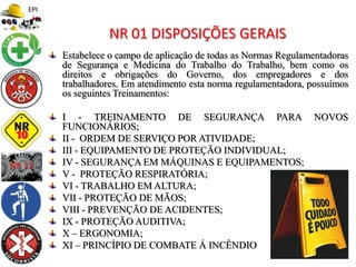 Estabelece o campo de aplicação de todas as Normas Regulamentadoras
de Segurança e Medicina do Trabalho do Trabalho, bem como os
direitos e obrigações do Governo, dos empregadores e dos
trabalhadores. Em atendimento esta norma regulamentadora, possuímos
os seguintes Treinamentos:
I - TREINAMENTO DE SEGURANÇA PARA NOVOS
FUNCIONÁRIOS;
II - ORDEM DE SERVIÇO POR ATIVIDADE;
III - EQUIPAMENTO DE PROTEÇÃO INDIVIDUAL;
IV - SEGURANÇA EM MÁQUINAS E EQUIPAMENTOS;
V - PROTEÇÃO RESPIRATÓRIA;
VI - TRABALHO EM ALTURA;
VII - PROTEÇÃO DE MÃOS;
VIII - PREVENÇÃO DE ACIDENTES;
IX - PROTEÇÃO AUDITIVA;
X – ERGONOMIA;
XI – PRINCÍPIO DE COMBATE Á INCÊNDIO
NR 01 DISPOSIÇÕES GERAIS
 
