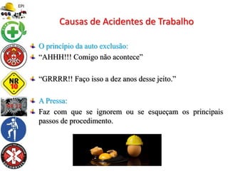 O princípio da auto exclusão:
“AHHH!!! Comigo não acontece”
“GRRRR!! Faço isso a dez anos desse jeito.”
A Pressa:
Faz com que se ignorem ou se esqueçam os principais
passos de procedimento.
Causas de Acidentes de Trabalho
 