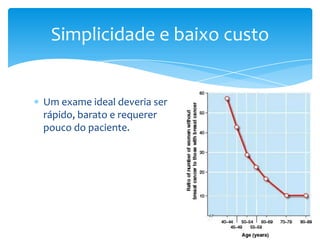 Um exame ideal deveria ser
rápido, barato e requerer
pouco do paciente.
Simplicidade e baixo custo
 