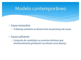 Causa necessária
A doença somente se desenvolve na presença da causa
Causa suficiente
Conjunto de condições ou eventos mínimos que
inevitavelmente produzem ou iniciam uma doença
Modelo contemporâneo
 