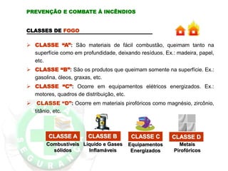 CLASSES DE FOGO
 CLASSE “A”: São materiais de fácil combustão, queimam tanto na
superfície como em profundidade, deixando resíduos. Ex.: madeira, papel,
etc.
 CLASSE “B”: São os produtos que queimam somente na superfície. Ex.:
gasolina, óleos, graxas, etc.
 CLASSE “C”: Ocorre em equipamentos elétricos energizados. Ex.:
motores, quadros de distribuição, etc.
 CLASSE “D”: Ocorre em materiais pirofóricos como magnésio, zircônio,
titânio, etc.
CLASSE A
Líquido e Gases
Inflamáveis
Equipamentos
Energizados
Metais
Pirofóricos
Combustíveis
sólidos
CLASSE B CLASSE C CLASSE D
PREVENÇÃO E COMBATE À INCÊNDIOS
 